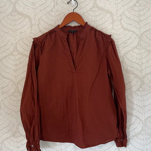 J. Crew Brown/Cognac Swiss Dot V-Neck Pullover Blouse/Top Ruffle Neck/Sleeves, S - Picture 1 of 10